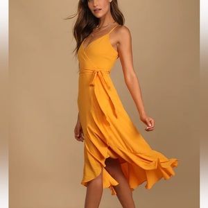 Manhattan Moment Bright Orange Ruffled Midi Wrap Dress